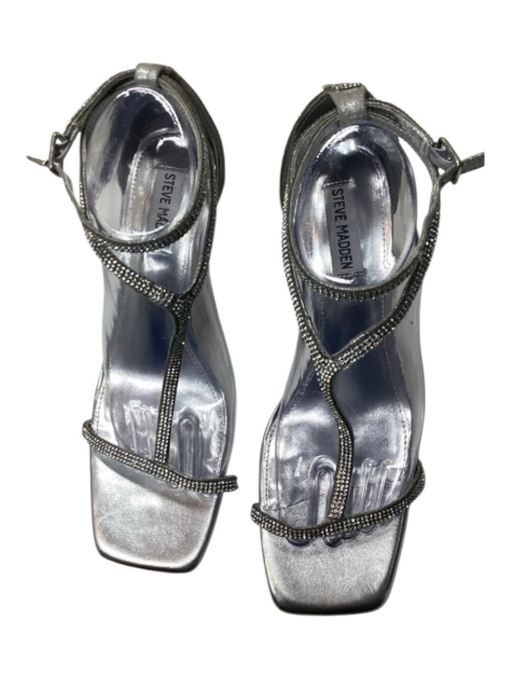Steve Madden Silver Crystal T-Strap Heels